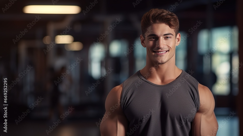 Portrait Of Happy Young Sporty Guy Posing At Gym Interior, Handsome Middle Male Athlete . Ready For Training.Copy Space. advertising Modern Sport Club. ai Portrait Of Happy Young Sporty Guy Posing At Gym Interior, Handsome Middle Male Athlete . Ready For Training.Copy Space. advertising Modern Sport Club. ai