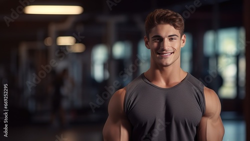 Portrait Of Happy Young Sporty Guy Posing At Gym Interior, Handsome Middle Male Athlete . Ready For Training.Copy Space. advertising Modern Sport Club. ai