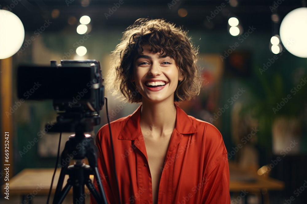 Woman Influencer in Red Blouse Filming Herself - obrazy, fototapety, plakaty 