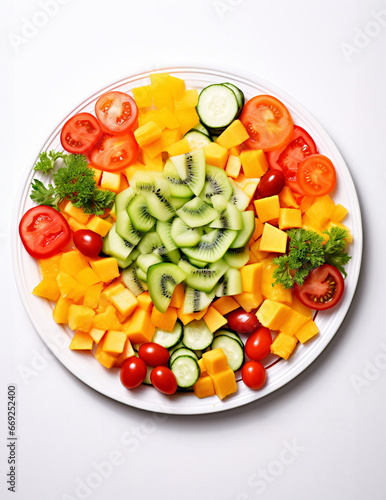 Fresh and tasty kiwi-mango salad on a white plate