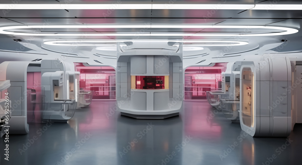 Futuristic white and pink corridor hall with modern technology Futuristic white and pink corridor hall with modern technology
