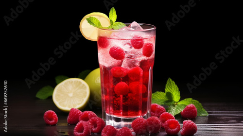 copy space, stockphoto, Sparkling Raspberry Lemonade with fresh berries and mint. Summer refreshment. Non-alhoholic drink, healthy drink with fresh fruit.