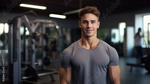 Portrait Of Happy Young Sporty Guy Posing At Gym Interior  Handsome Middle Male Athlete . Ready For Training.Copy Space. advertising Modern Sport Club. ai