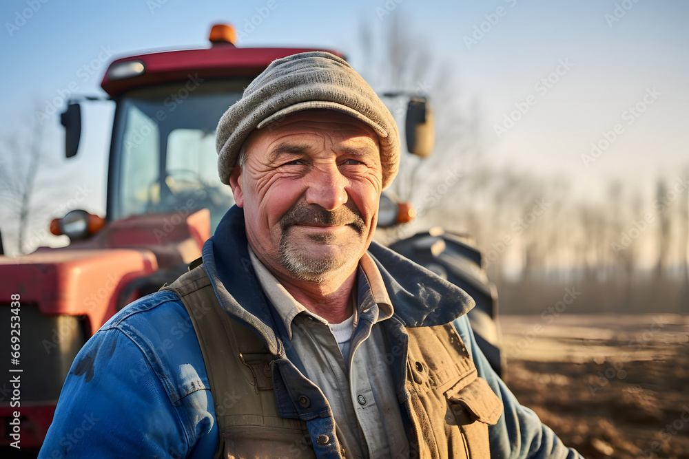 portrait of a farmer in the middle of his plowing field in spring, in the early morning. Neural network generated photorealistic image. Not based on any actual person or scene. portrait of a farmer in the middle of his plowing field in spring, in the early morning. Neural network generated photorealistic image. Not based on any actual person or scene.