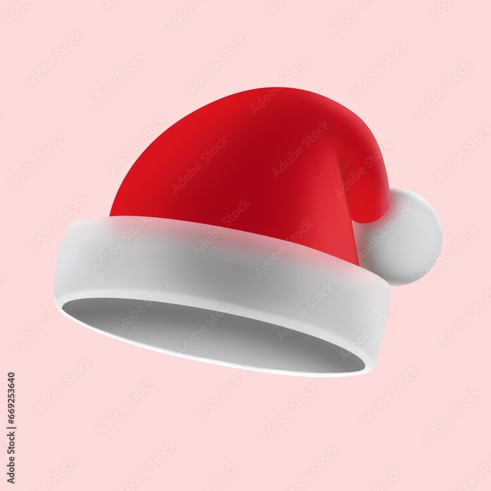 Santa Claus red Christmas hat. Christmas and New Year element of traditional costumes. Realistic 3d mockup design element in cartoon style. Icons isolated on white background. 3D illustration Santa Claus red Christmas hat. Christmas and New Year element of traditional costumes. Realistic 3d mockup design element in cartoon style. Icons isolated on white background. 3D illustration