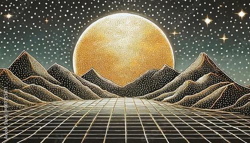 Retro dotwork landscape with 80s styled sun