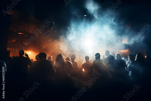 Crowd of dancing people in the night club on the dance floor surrounded with lights and smoke. Neural network generated photorealistic image. Not based on any actual person or scene.