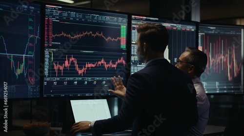 Two stock traders discussing financial crypto market data.