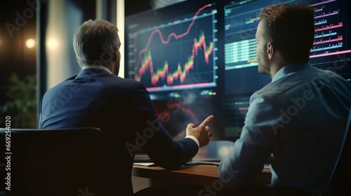 Two stock traders discussing financial crypto market data.