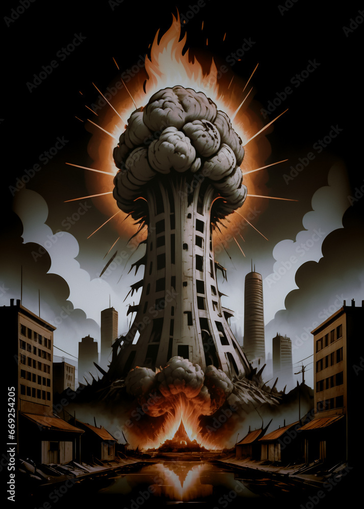 illustrazione arte astratta a tema apocalittico, devastazione e distruzione in una città immaginaria, grafica - obrazy, fototapety, plakaty 
