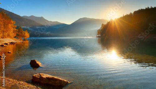 Golden Hour Beauty Sunrise in the Mountain Lake
