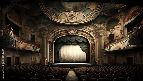 inside of a vintage theater stage before musical play design illustration