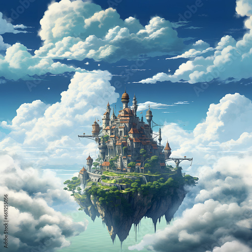 Unreal fantasy castle on island floating in the sky. Neural network generated image. Not based on any actual person or scene. photo