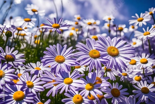 underneath view of a gentle purple daisy bloom on a sunny day