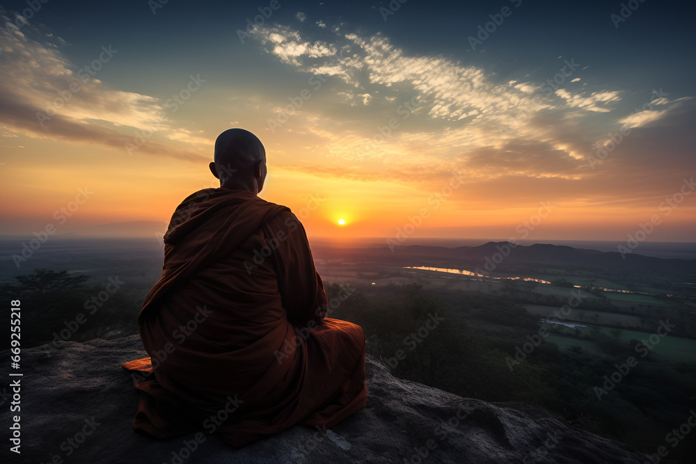 Peaceful Sunset Meditation A Buddhist Monk's Silhouette Captured with a DSLR Wide-Angle Lens