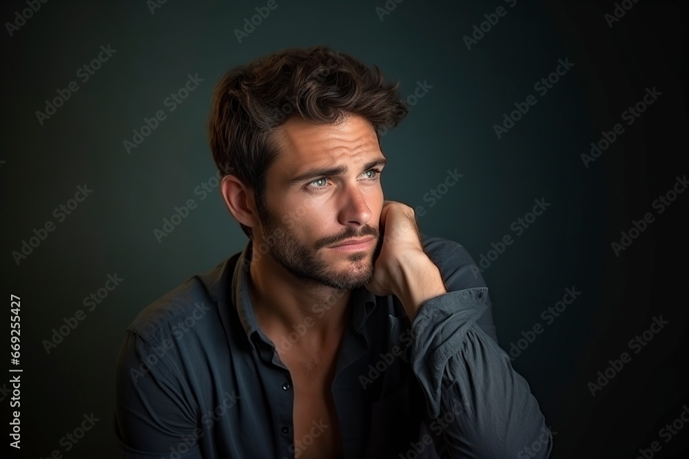 handsome man looking away with head on fire