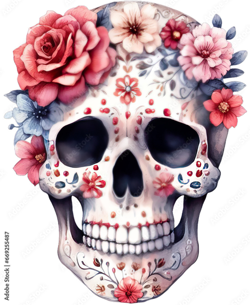 Floral Fusion: Nature's Beauty Adorns Watercolor Skull PNG Art
