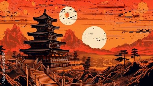 Japanese buddhist temple mountain sunset beautiful painting wallpaper image AI generated art photo