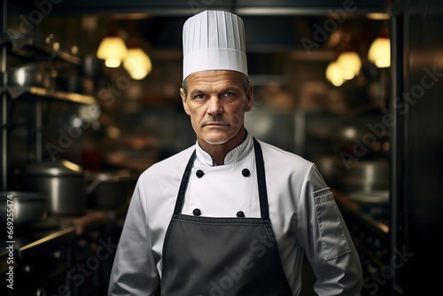 mature chef posing in front of the camera at his workplace