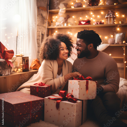 St.Valentines Day or Christmas photo, african-american couple celebrate holiday and present gift boxes to each other. Love.  Photo created with generative AI technologies photo