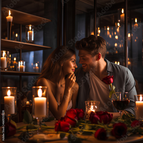 St.Valentines Day photo  couple of man and woman have romantic dinner with candles and wine. Love.  Photo created with generative AI technologies