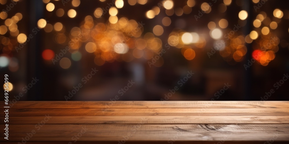 Wooden Table With Night Lights On Background. Home Cozy Interior, Furniture Decor. Warm Evening Atmosphere.