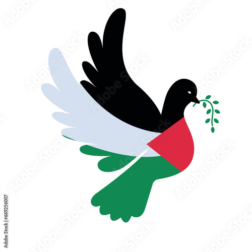 Dove with Palestine flag color. Symbol of peace and World support concept. Flat vector illustration