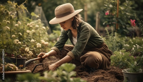 A woman works in the garden