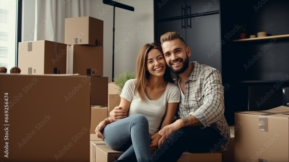 Young couple move in new home. Cardboard boxes on the floor in new apartment. Concept of mortgage, family, real estate and home loan. Moving day Young couple move in new home. Cardboard boxes on the floor in new apartment. Concept of mortgage, family, real estate and home loan. Moving day
