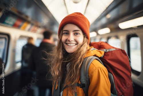 smiling woman with backpack traveling by train