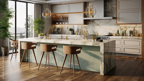 Beautiful modern kitchen with a green marble table