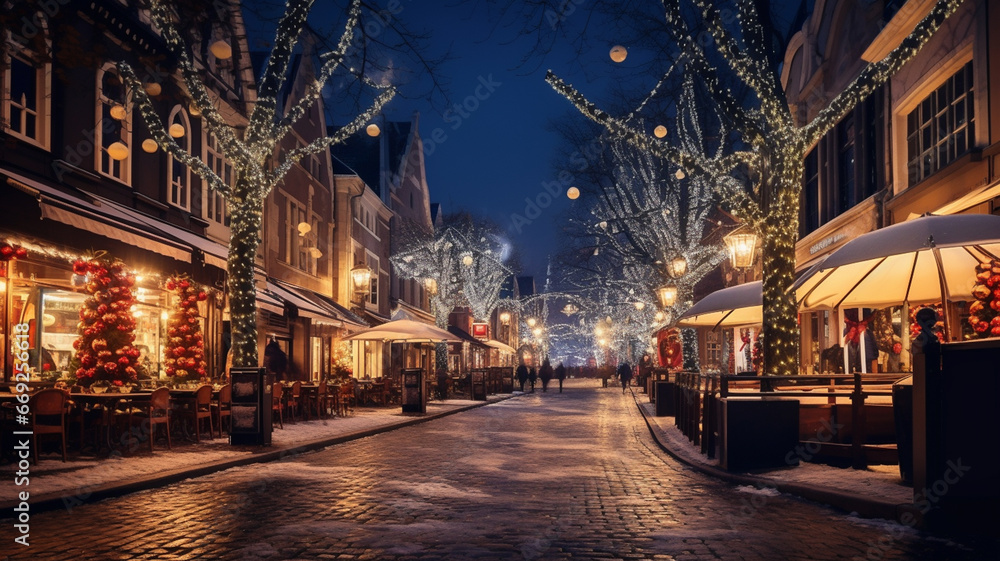 Christmas market during winter, festive lights and shop during holiday season