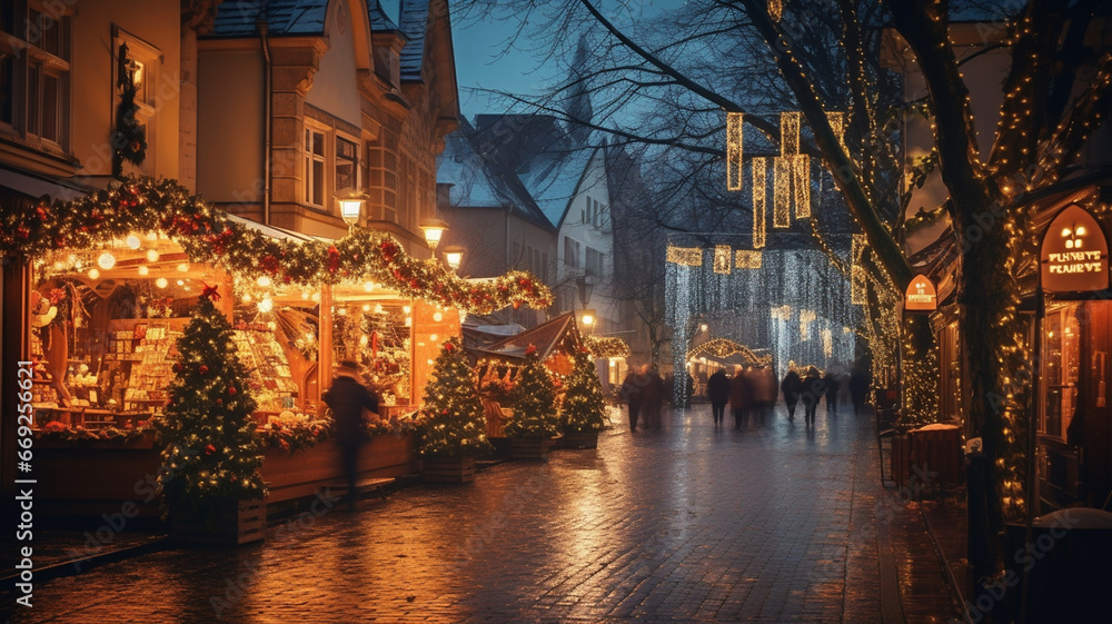 Christmas market during winter, festive lights and shop during holiday season