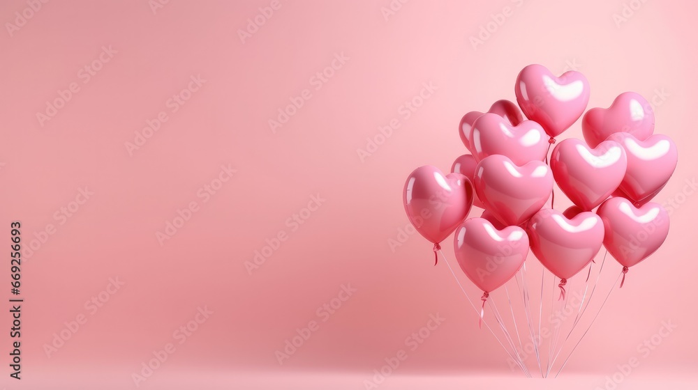 holiday background with heart shaped balloons on pink background. love and celebration. valentine's day card balloons with pink heart.