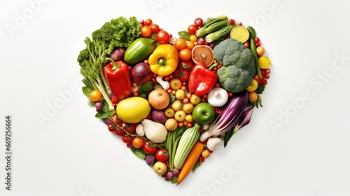 Heart shape made of different vegetables isolated on white background