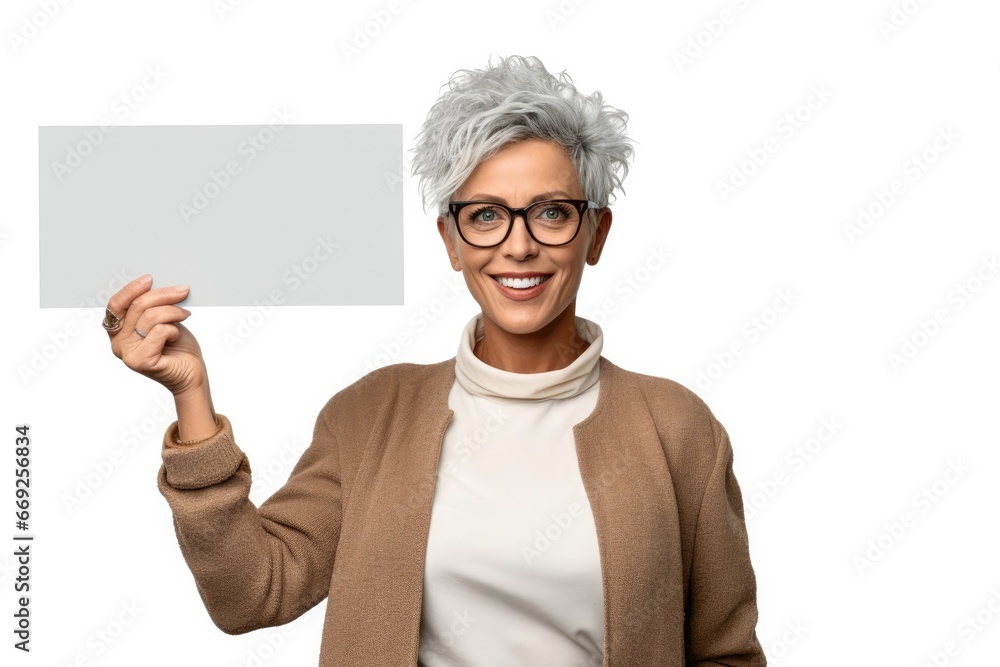 A beautiful businesswoman is looking happy and holding a blank paper sheet A beautiful businesswoman is looking happy and holding a blank paper sheet