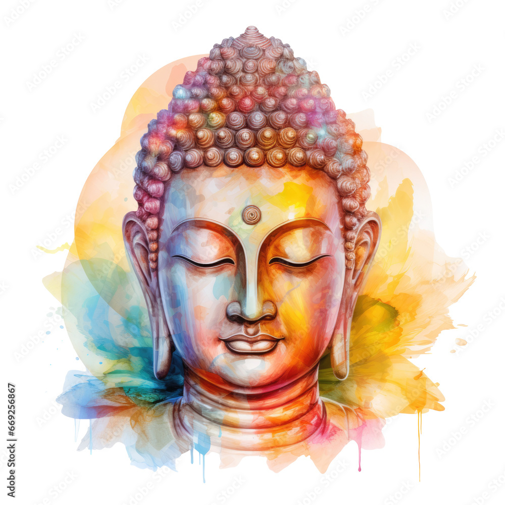 Close-Up Portrait of a Colorful Buddha in Watercolor, transparent backgrounnd