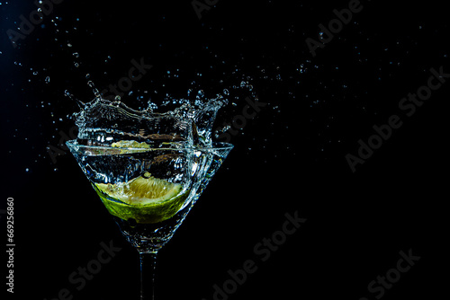 splash in a glass with lime slice on a black background