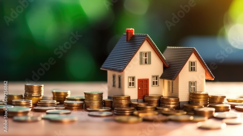 House model and money coins saving for concept saving money for buying a house, investment mortgage finance, and home loan refinance financial plan home loan photo