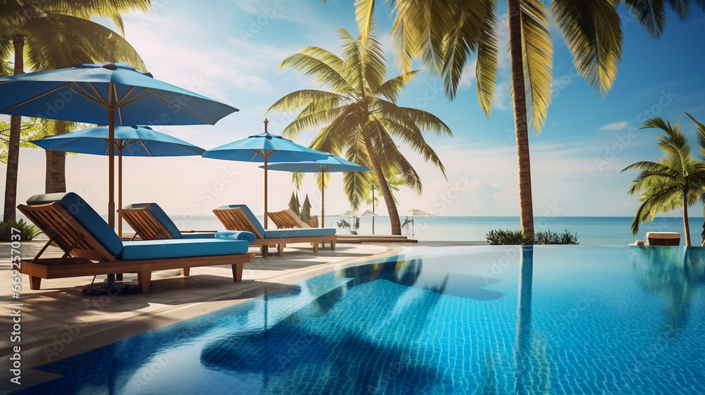 Fototapeta premium Luxurious all inclusive hotel with swimming pool and lounge, umbrellas near beach and sea with palm trees and blue sky