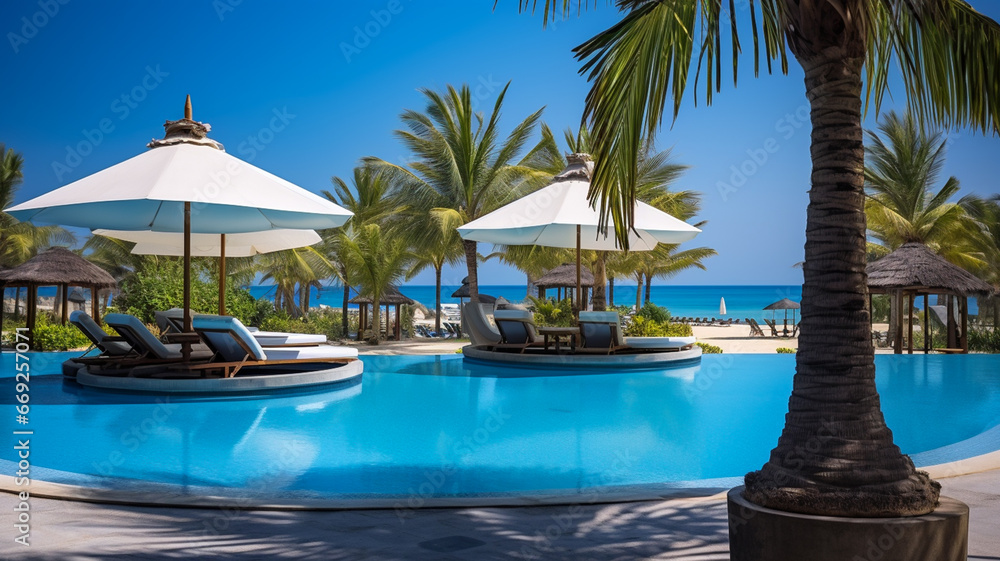 Luxurious all inclusive hotel with swimming pool and lounge, umbrellas near beach and sea with palm trees and blue sky