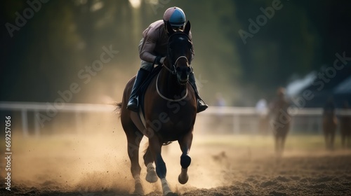 Jockey on racing horse. Champion. Hippodrome. Racetrack. Horse riding. Derby. Speed. Blurred movement. © Boris