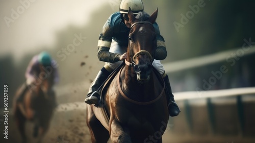 A jockey participating in a horse racing or derby event, galloping atop a horse during the race © Boris