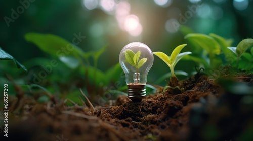 Ecology. Energy. Firefly Light bulb with plant and green earth