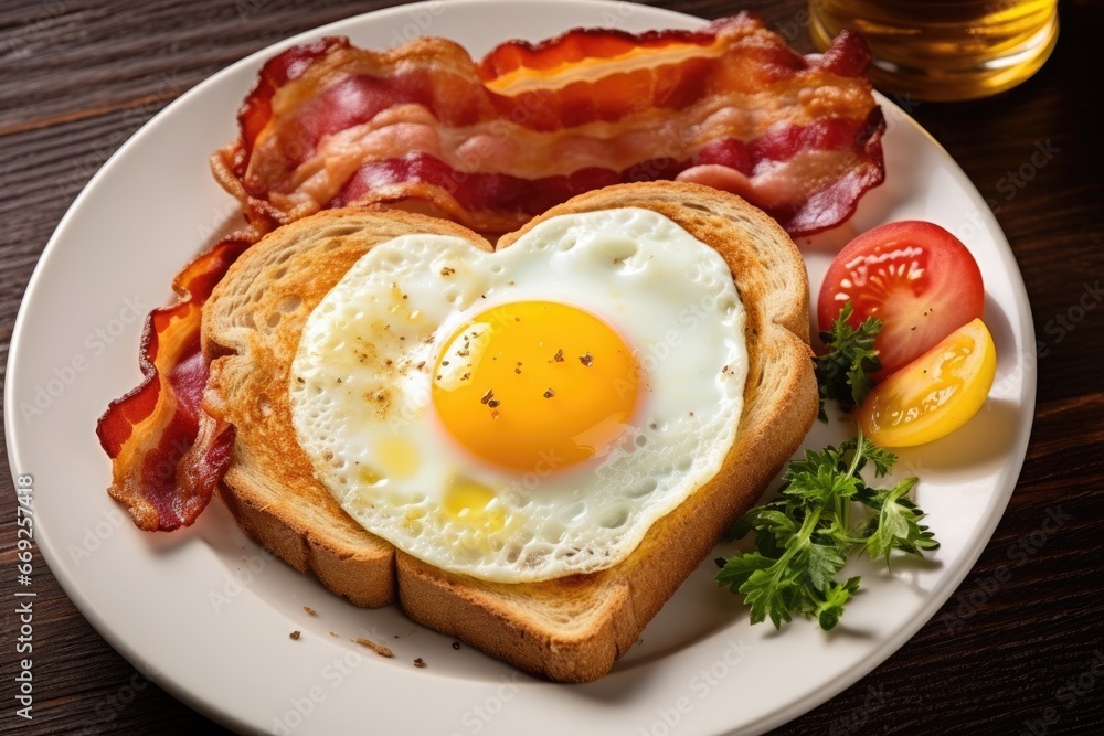 Healthy holidays breakfast with eggs hearts, bacon and toast on wooden background. AI Generated Healthy holidays breakfast with eggs hearts, bacon and toast on wooden background. AI Generated