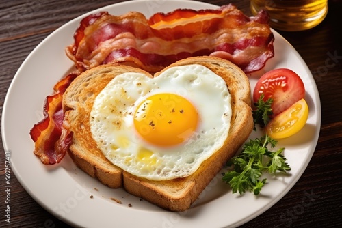 Healthy holidays breakfast with eggs hearts  bacon and toast on wooden background. AI Generated