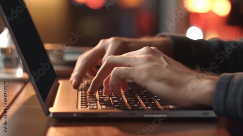 Man hands typing on laptop computer keyboard and surfing the internet on office table, online working, business and technology, internet network communication concept, close up.