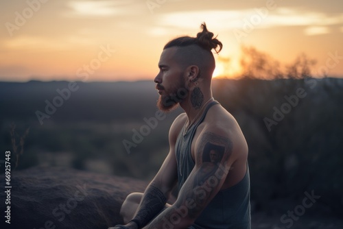 Man in a yoga pose, zen meditation at sunset.