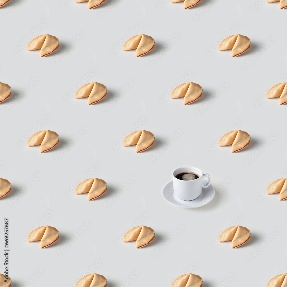 Fortune cookies and cup of coffee on white background, seamless pattern