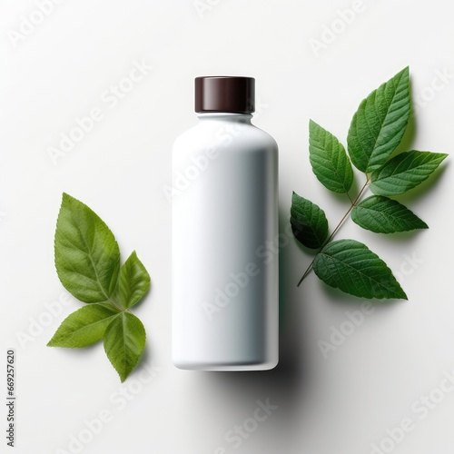 Blank supplement bottle mockup, with a leaf behind.